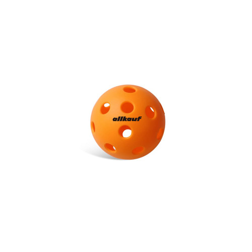 An orange pickleball with holes and a logo, designed for use in pickleball games.