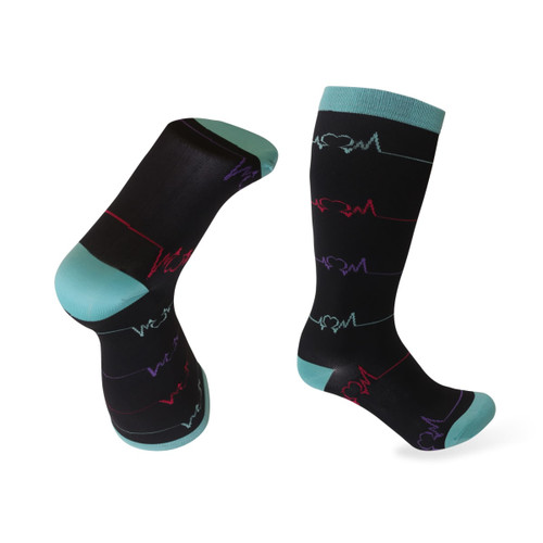 Plus size compression socks in black with teal cuffs, featuring heart rate line patterns in purple and red.