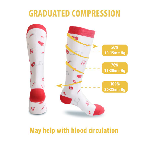 A pair of white compression socks with red accents, featuring a pattern and a logo.