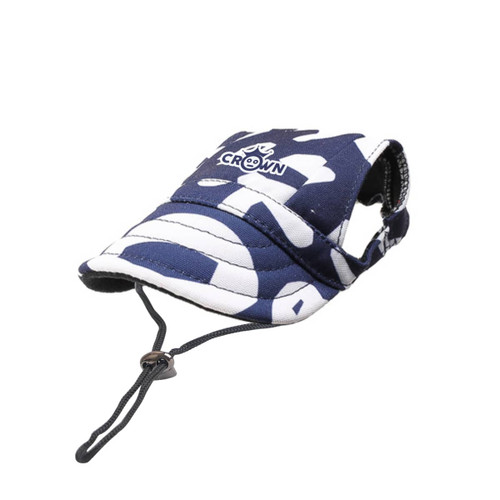 A dog baseball hat in navy blue and white camouflage with an adjustable strap and a logo.