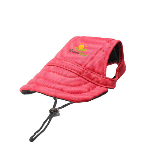 A red dog baseball hat with a structured visor and adjustable strap, featuring a logo on the front.