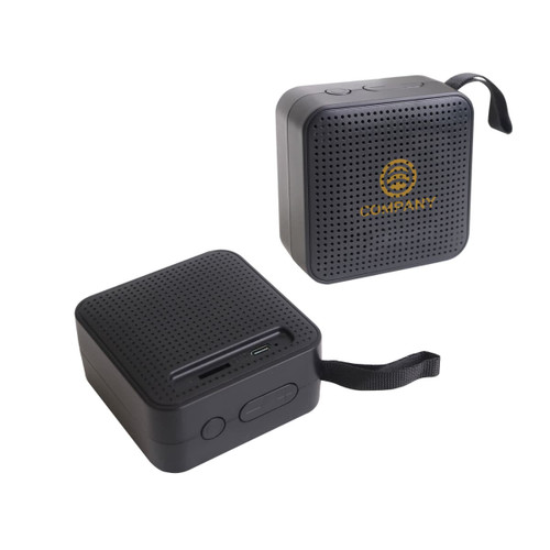 A portable wireless Bluetooth speaker in black with a textured surface and a branding logo on one side.