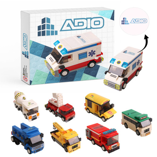 A set of colourful building blocks featuring various vehicle designs, including an ambulance, fire truck, and cement mixer.