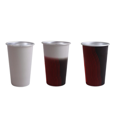 A set of three aluminium cups in white, gradient grey, and black with red linear patterns. Each cup has a metallic finish.