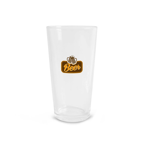 A clear glass with a logo featuring beer mugs, designed for beverage enjoyment.