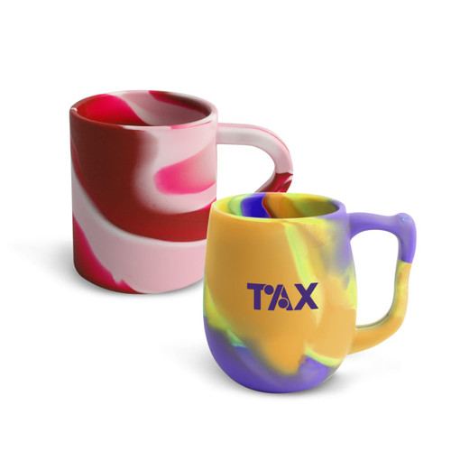A set of custom silicone mugs in vibrant pink, red, yellow, and purple with unique marbled designs. One mug has a logo.