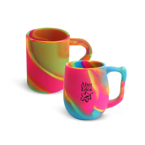 A set of two custom silicone mugs in vibrant pink, blue, and green swirl patterns, featuring a logo.