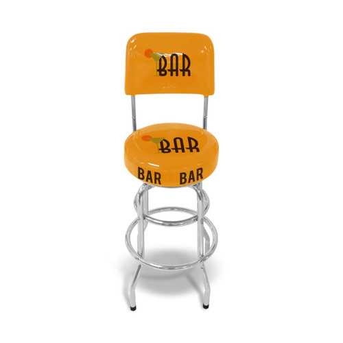 A yellow bar stool with a backrest featuring the word "BAR" and a chrome base. It has a round padded seat.