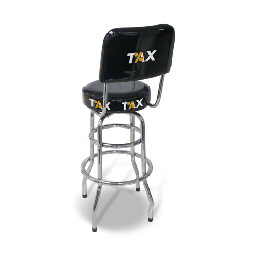 A black bar stool with a backrest and chrome legs, featuring a logo on the seat and back.