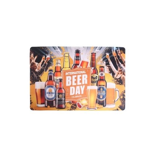 A colourful rubber counter mat featuring various beer bottles and glasses, with a celebration theme.