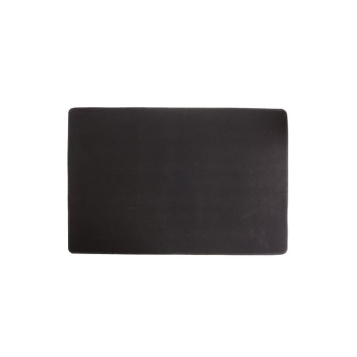 A black rubber counter mat with a smooth surface, featuring a branding logo.