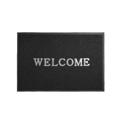 A black floor mat featuring the word "WELCOME" in a debossed design, showcasing its textured surface.