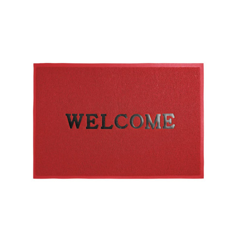 A red floor mat featuring a debossed logo and the word "WELCOME." Suitable for office and business use.