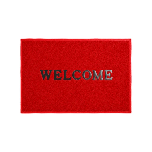 A red welcome mat featuring a debossed logo, designed for office and business use.