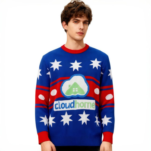 A vibrant blue, red, and white unisex winter acrylic jacquard sweater featuring stars and a logo design.