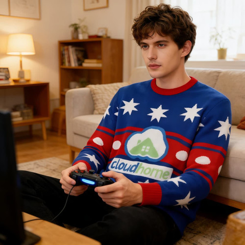 A man wearing a blue, red, and white unisex winter acrylic jacquard sweater sits on a couch, holding a game controller.