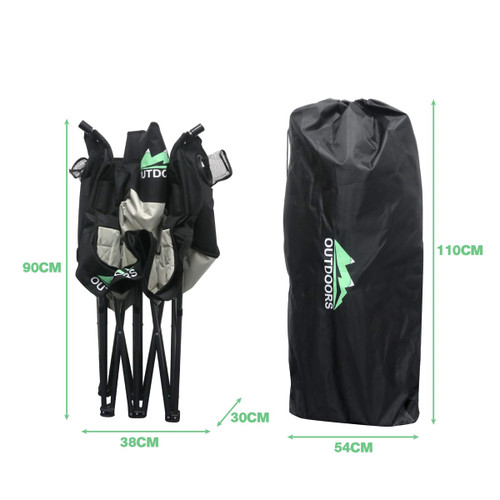 A foldable portable camping chair in black and grey, with dimensions and a carrying bag included.