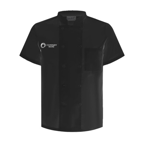 A black short-sleeved double-breasted chef jacket with a pocket and a logo on the front.