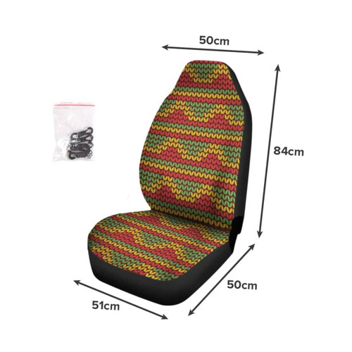 A full colour car seat cover featuring a vibrant zigzag pattern in red, yellow, and green. Includes a bag of fastening straps.