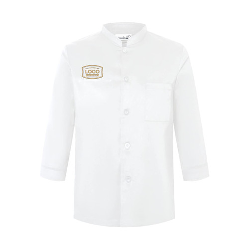 A white 3/4 sleeve chef jacket with a single breasted design and a small logo on the chest.