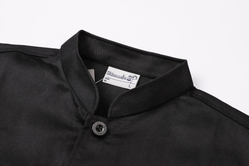 Black classic 3/4 sleeves single-breasted chef jacket with a stand-up collar and a button closure. Features a brand label.