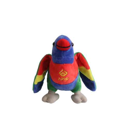 A colourful plush toy of a lorikeet with blue, green, red, and yellow features. It has a logo on its chest.
