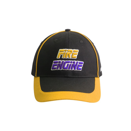 A black cap with a yellow contrast trim and an embroidered logo featuring the words "FIRE" and "ENGINE."