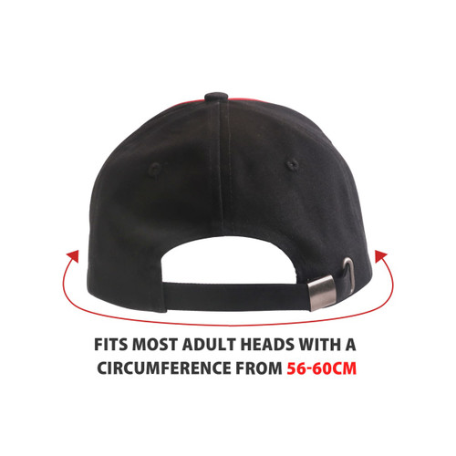 A black cap with a contrast trim, featuring an adjustable strap at the back for size fitting.