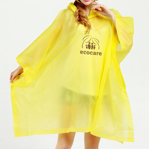 A yellow reusable PEVA rain poncho with a hood and a logo, featuring a loose, comfortable fit.