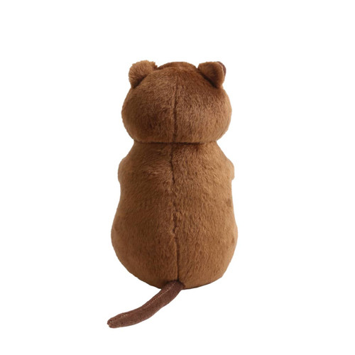 A brown quokka plush toy viewed from the back, featuring rounded ears and a small tail.
