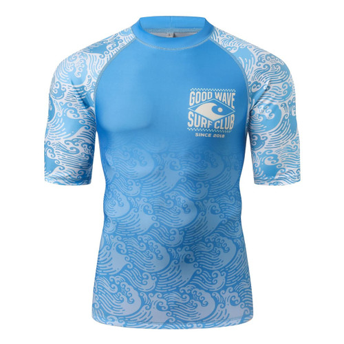 A blue sublimation rashie with short sleeves, featuring wave patterns and a logo.