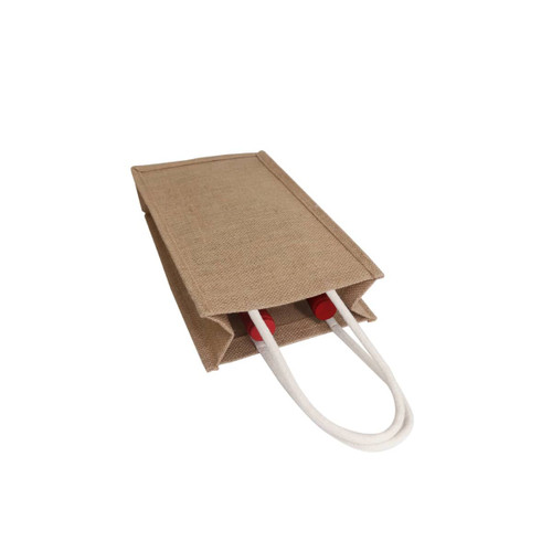 A jute double wine carrier in beige, featuring red accents and white rope handles. It has a simple, natural design.