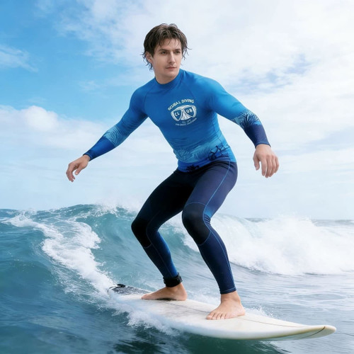 A surfer in a blue rashie rides a wave on a surfboard, featuring dark blue leg panels and a logo.