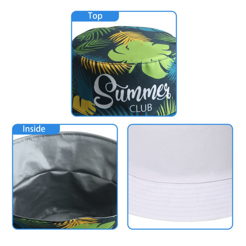 A tropical-patterned ice bucket hat with a green and yellow design, featuring a silver interior and a logo.