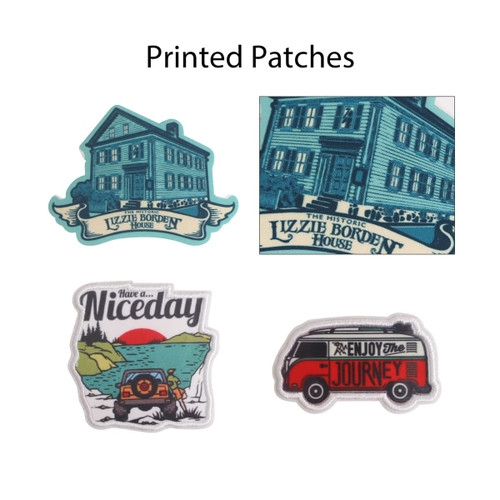 Custom woven patches displayed in various colours featuring a house, a vehicle, and scenic designs.