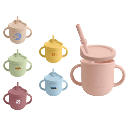 A drink bottle featuring a silicone design with multiple colours and a straw, suitable for kids. It includes various logos.