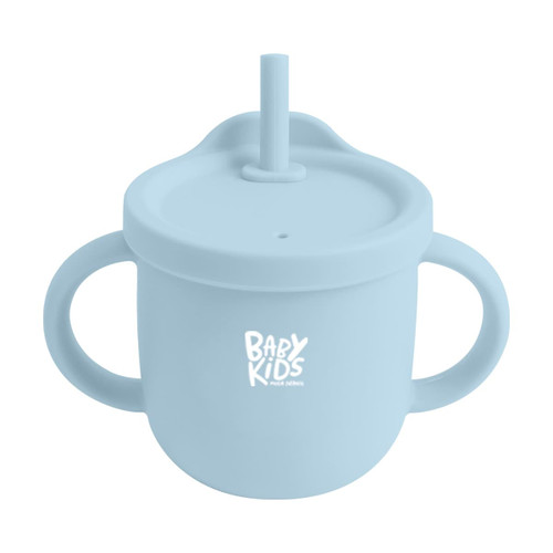 A drink bottle in light blue silicone with a straw and two handles, featuring a logo on the front.