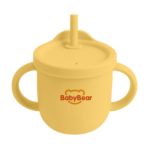 A drink bottle in yellow silicone with a straw and two handles, featuring a logo on the front.