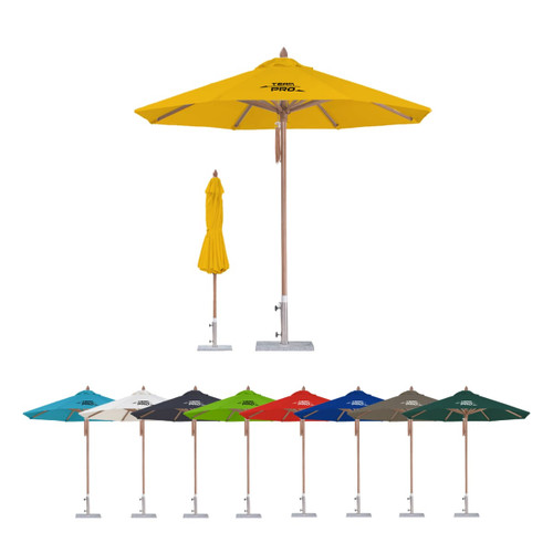 A yellow octagon outdoor umbrella with a wooden pole, alongside other umbrellas in various colours. Features a logo.