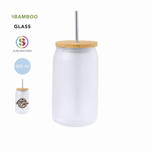 A drink bottle with a frosted glass body and bamboo lid, featuring a metal straw. Capacity of 400 ml.