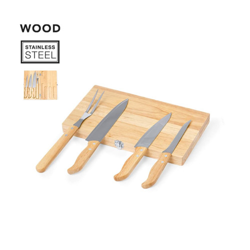 A knife set featuring stainless steel blades and wooden handles, displayed on a wooden board.