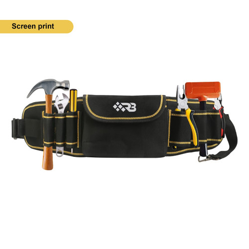 A black waist tool bag featuring various tools, including a hammer, pliers, and a utility knife, with a logo.