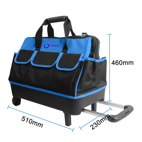 A wheeled tool bag in black and blue, featuring multiple pockets and a retractable handle, with dimensions indicated.