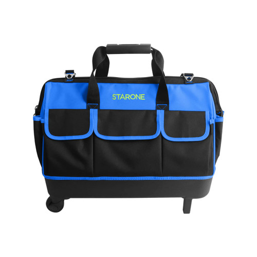 A wheeled tool bag in black with blue accents and multiple front pockets. It features sturdy handles and a retractable handle.