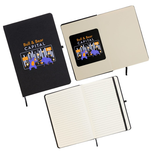 A black notebook featuring an illustration on the cover and lined pages inside. It has a logo on the front.