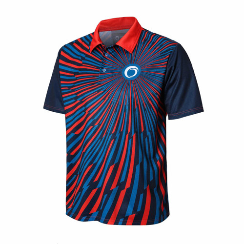 A multicoloured polo shirt with a red collar and dynamic blue and red patterns, featuring a logo on the front.