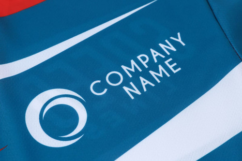 A polo shirt featuring a blue and white design with a logo on the front. Made from 100% polyester.