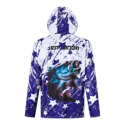 A sublimated 1/4 zip fishing hood shirt in purple and white, featuring a fish graphic and star patterns, with a logo.
