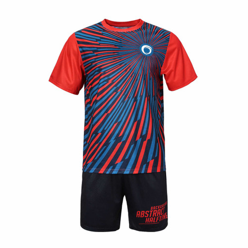A red and blue polyester sublimated T-shirt with a dynamic abstract design, featuring a logo.