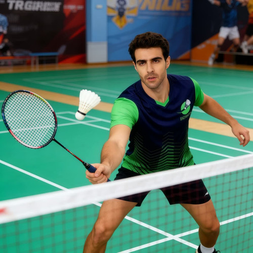 A male badminton player in a green and navy T-shirt prepares to hit a shuttlecock on a court.